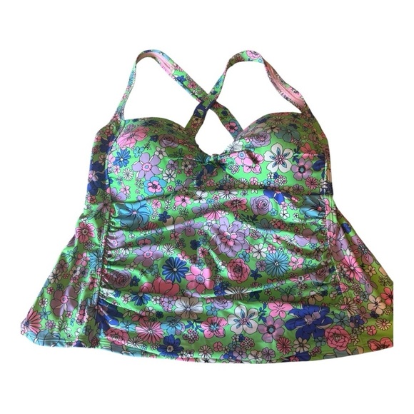 99. Salt Cove Plus Size Peony Party Printed X Back Tankini Top Green Size 2 NWOT - Picture 2 of 15